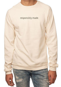 Revery raglan sweatshirt in color oat, embroidered with responsibly made across the chest