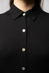 Button-Down Midi Dress in Black, Button Close Up View