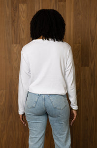 Drop Sleeve Sweater in White on Model, Back View